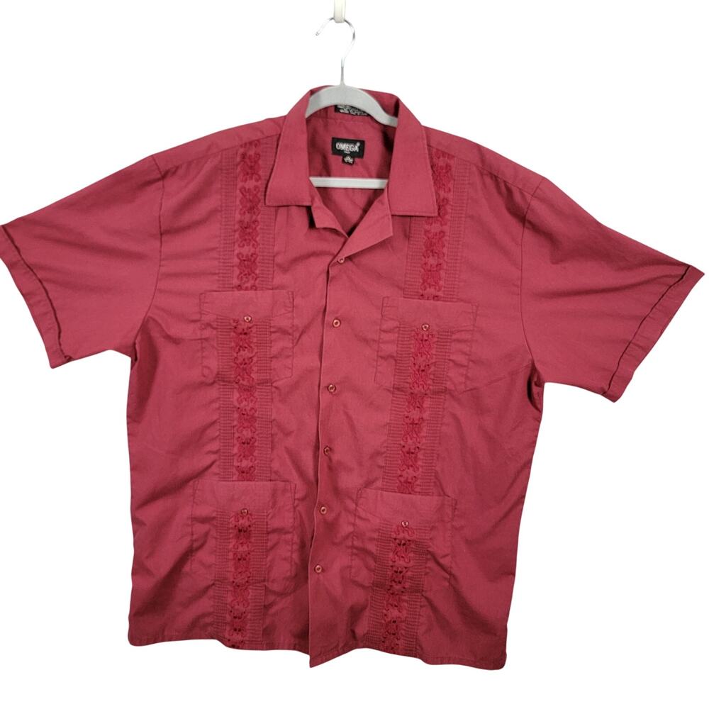 Omega Italy Guayabera Shirt Burgundy Embroidered Mens 2XL Preowned Pockets